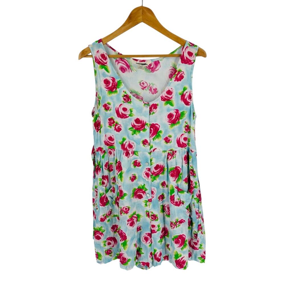 Vintage Express Bold‎ Floral Romper Blue Pink Sleeveless Button Down Size 9/10